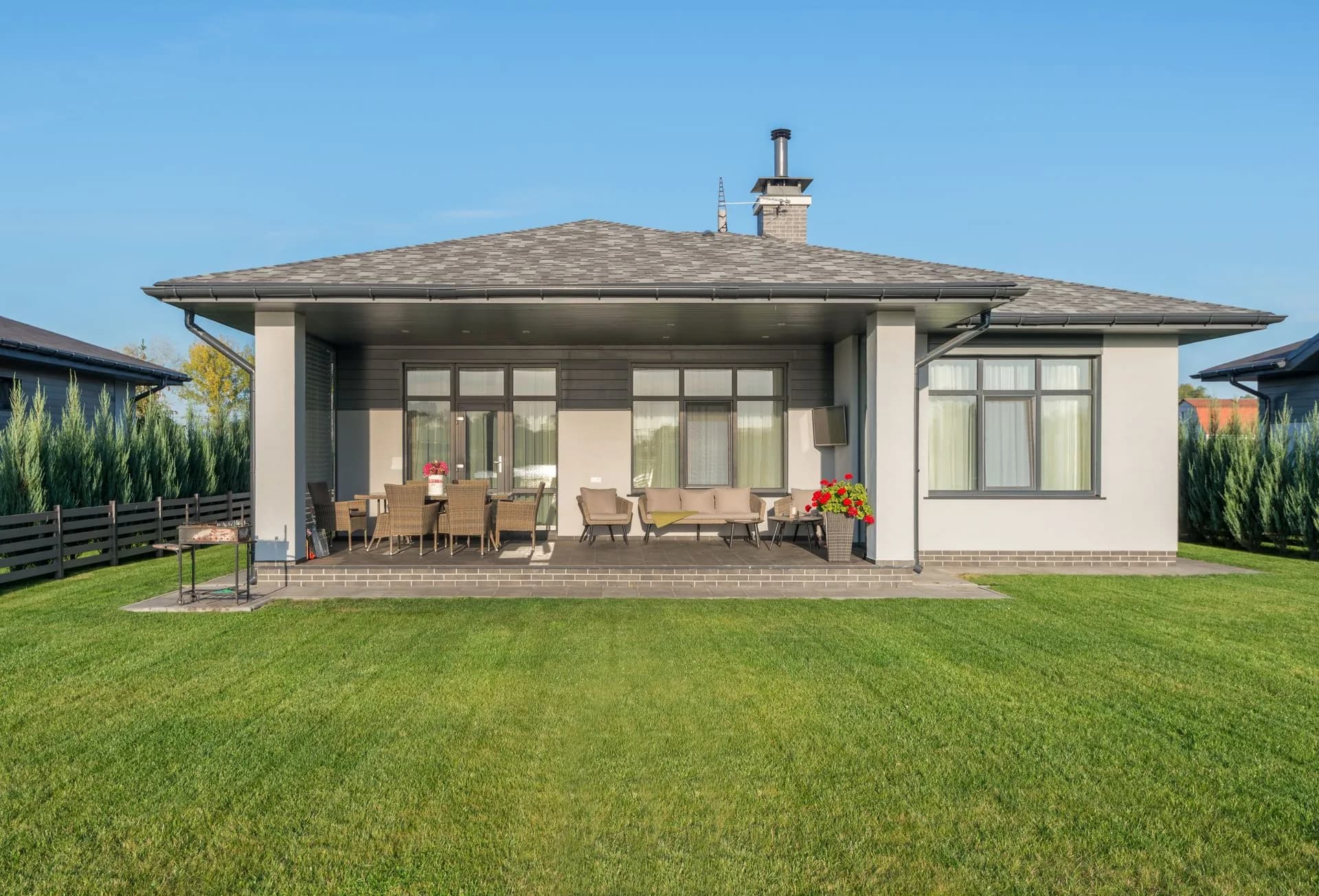 Landscaped backyard with a lush green lawn and a covered patio